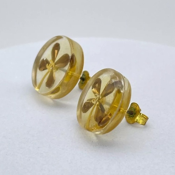 ☘️CHANEL Four Leaf Clover Pierced Earrings Gold Tone Round Clear Enamel Vintage - Picture 6 of 10